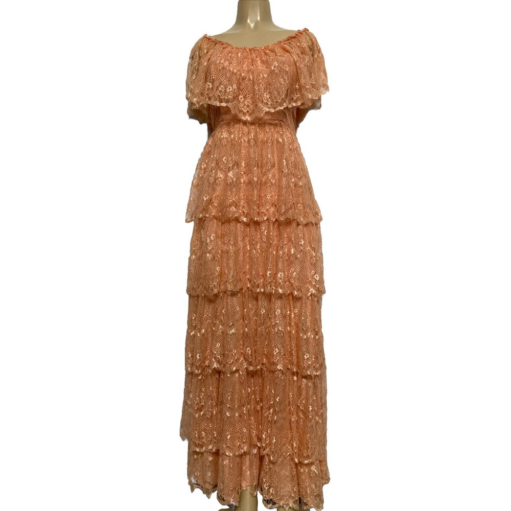 NWOT Cleobella Maxi Dress Tiered Lace Peach Orange Round Neck Off Should…